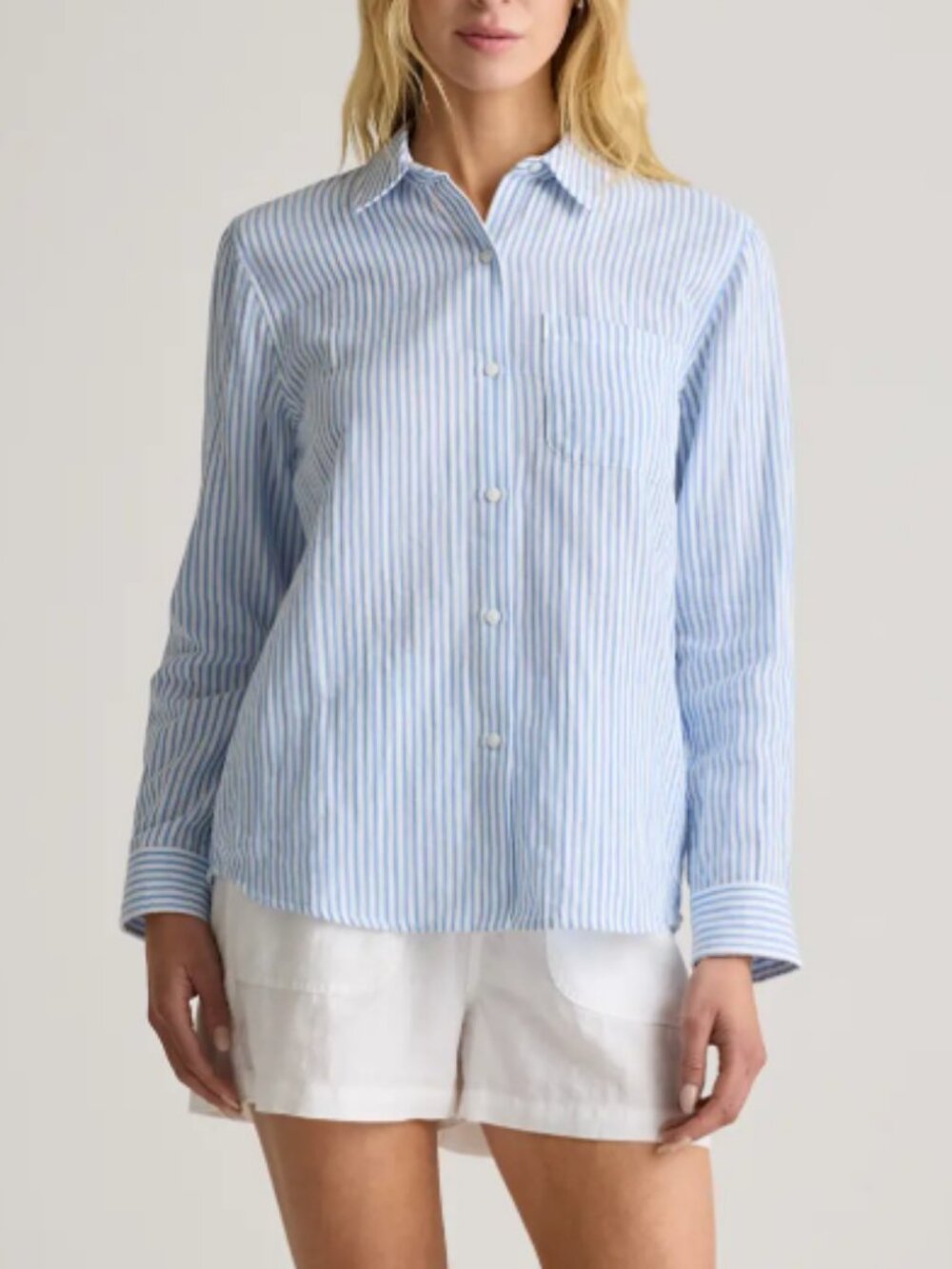 NEW Quince 100% Organic Cotton Gauze Button Down Up Long Sleeve Shirt Blue Strip